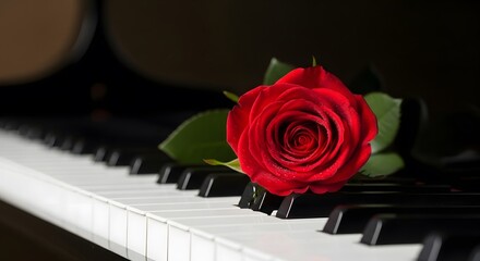 Romantic Red Rose on Piano Keys A Musical Love Story.