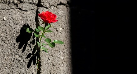 Resilient Red Rose Blooming in Concrete Crack A Symbol of Hope.