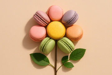 Fototapeta premium Colorful macarons arranged as flower with green leaves on pastel background