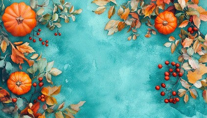 Colorful autumn background with vibrant leaves, pumpkins, and rowan berries on a turquoise blue watercolor texture. Flat lay top view of fall decor with copy space. High quality.
