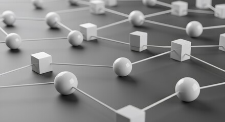 Abstract 3D Network Connection Concept with Spheres and Cubes on a Gray Background.