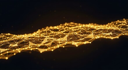 Abstract digital network background with golden dots and connecting lines on black.