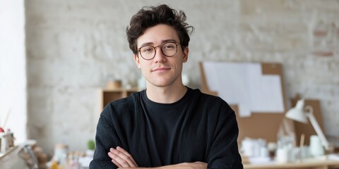 Confident young man poses in an artistic studio with natural light and creative tools around him.