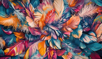 Colorful feathers in the background, feathers in various colors, feathers in bright and vibrant hues, feathers in different sizes, feathers with a sense of design, feathers in diverse shapes
