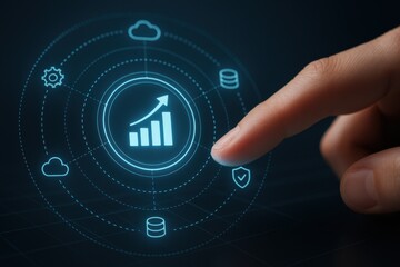 Finger pressing holographic financial growth chart with cloud and security icons
