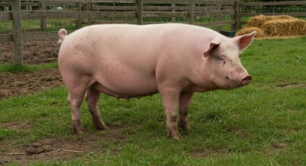 Domestic pink pig on farm, symbol of livestock and agriculture, perfect for farming, rural life, food industry, and animal husbandry themes.