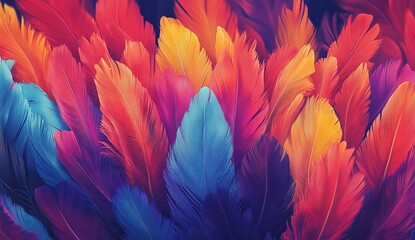 Colorful feathers in various hues, a vibrant background, close-up, high resolution, high detail, vector graphics, vivid, bright, cartoon-like style, 3D rendering, simple design, illustrative