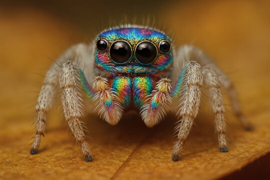 Vibrant jumping spider with iridescent colors, showcasing intricate details in a close-up macro shot. Insect photography at its finest. - Powered by Adobe
