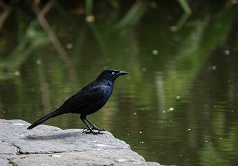 Fototapeta premium Common Grackle Perched on Stone Edge by Green Water. Generative Ai