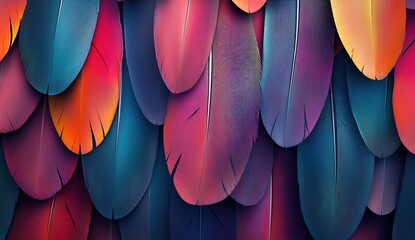 Colorful feathers in various hues arranged on the background. The vibrant feather pattern is suitable for design and decoration, adding vivid color to any surface or object.