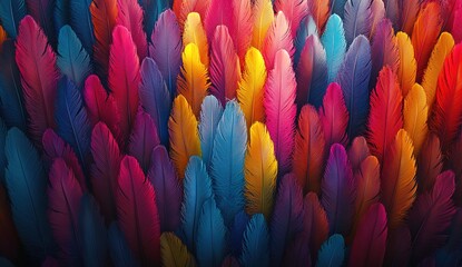Colorful feathers in various hues arranged on the background. The vibrant feather pattern is suitable for design and decoration, adding vivid color to any surface or object.