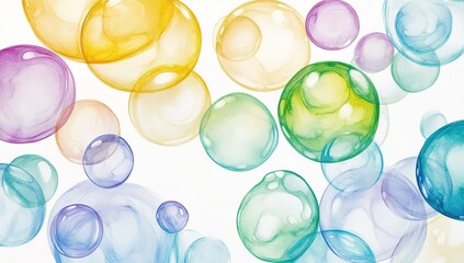 Colorful pastel drawing of green, yellow, blue, and purple bubbles, on a white background, in the watercolor style of a COTTAGECORE illustration.