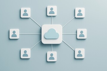 Cloud computing network with user icons symbolizing digital collaboration and storage
