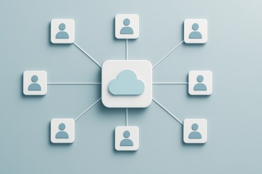 Cloud computing network with user icons symbolizing digital collaboration and storage
 - Powered by Adobe