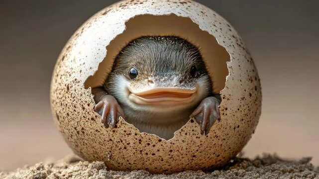 Adorable baby platypus hatching from a speckled egg on a sandy surface. Cute!