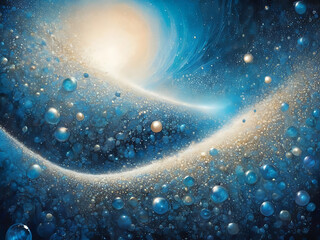 A Swirling Cosmic Ocean: Bubbles, Golden Particles, Blue Hues, and AI Galaxy