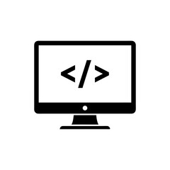 computer monitor with code symbol representing software programming, coding, and web development.
