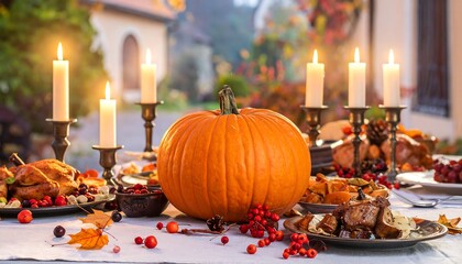 Thanksgiving Table Setting with Pumpkin Candles and Feast in Autumn Outdoors
