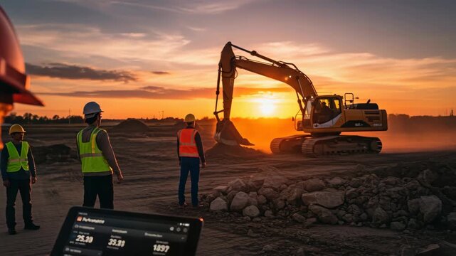 construction site at sunset with person holding tablet displaying project data Several workers in safety vests and hard hats stand near large excavator bathed in warm orange light