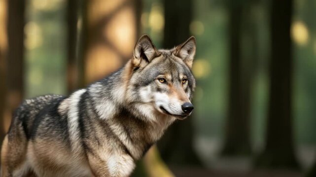 magnificent grey wolf with piercing golden eyes and thick multi-toned grey brown and black fur coat stands alert in softly blurred forest observing its wild surroundings