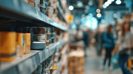RFIDtagged smart shelves in medium shot emphasis on focused RFID sensors scanning items while surrounding shelves and customers remain softly out of focus.
