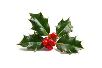 Close-up of glossy, green holly leaves with red berries against a bright white backdrop