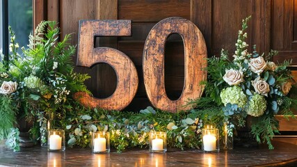 Elegant 50th anniversary decor with wooden numbers, flowers, and candlelight.