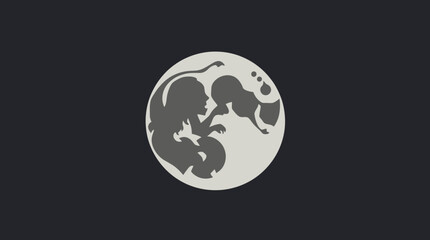 Stylized illustration of a lioness embracing a human baby within a circular shape, set against a dark background.
