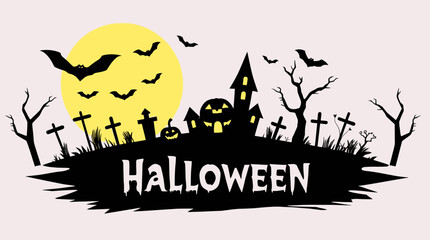 Halloween illustration featuring a haunted house, bats, a full moon, tombstones, and bare trees on a hill.