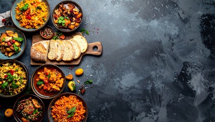 Assortment of Delicious Indian Food Dishes on Dark Rustic Background