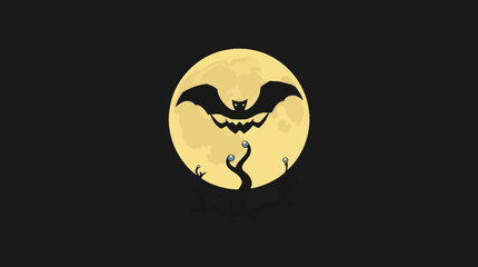A spooky Halloween illustration featuring a bat silhouetted against a full moon with creepy details.