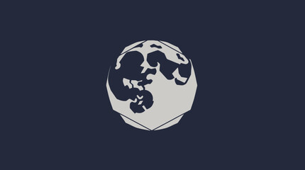 A stylized, low-poly illustration of the moon, rendered in shades of gray against a dark blue background.