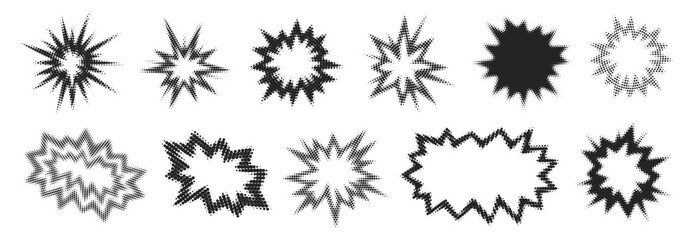 Halftone burst circle and oval frames set. Retro comic explosions, glowing starburst rays, dotted blurry flashes and grunge stains. Abstract vector dotwork light effects, shiny bursts, vintage splash 