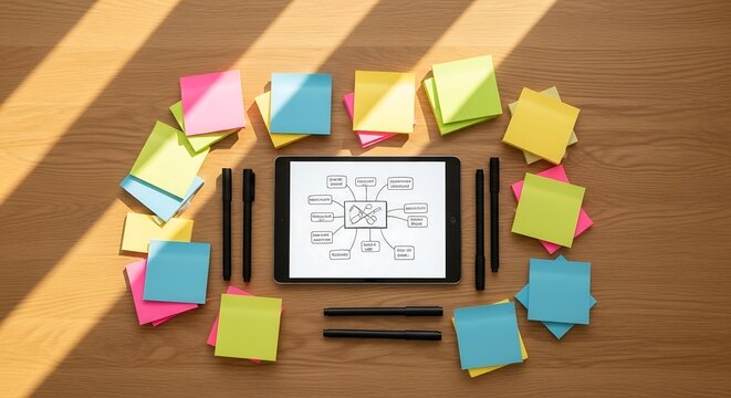 Brainstorming flat lay with sticky notes, markers, and tablet on oak desk, overhead soft daylight, creative office photography for teamwork and productivity visuals