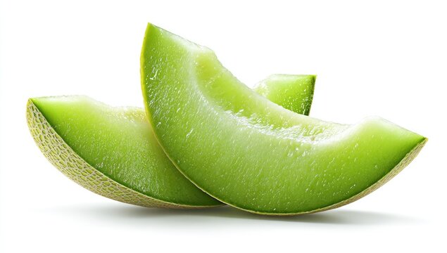 Two fresh, green melon slices, showing inner flesh and rind, on a white background