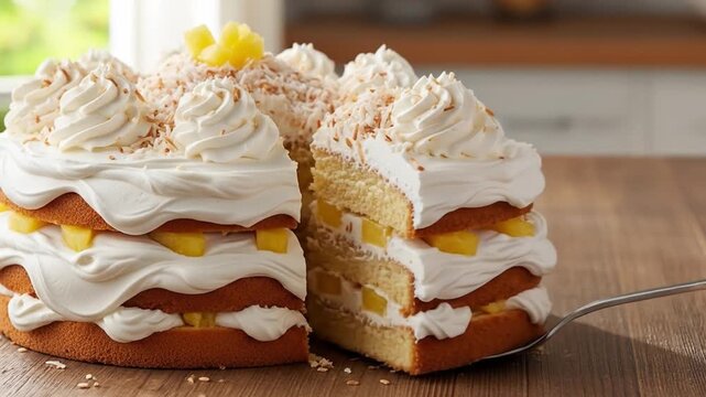 A layered pineapple cake with white frosting topped with coconut flakes sits on a wooden surface with a serving spoon