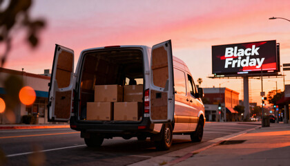 White delivery van filled with packages on a city street with Black Friday billboard glowing at sunset, symbolizing shipping, retail supply chain and consumer demand during global shopping rush.