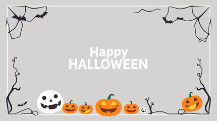 Festive Halloween-themed illustration featuring pumpkins, bats, and spooky smiling faces, with a greeting.