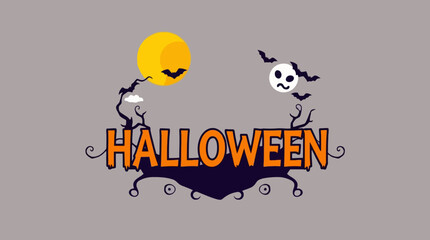 A festive Halloween graphic featuring a full moon, bats, a spooky skull, and the word 