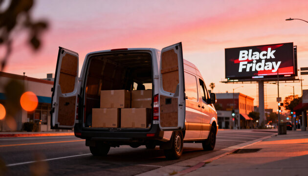 White delivery van filled with packages on a city street with Black Friday billboard glowing at sunset, symbolizing shipping, retail supply chain and consumer demand during global shopping rush.