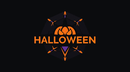 Halloween themed logo with pumpkin graphic, stylized bats, and geometric shapes on a dark background.