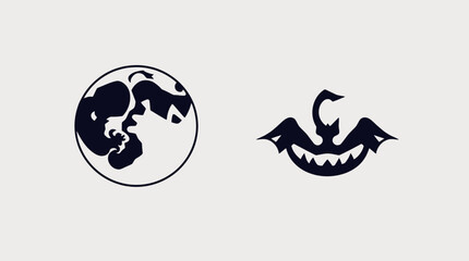 Two stylized black logos, one resembling a planet and the other a bird-like creature.