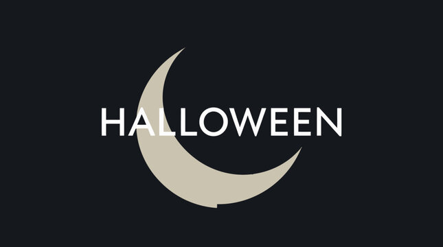 Halloween themed graphic with the word "Halloween" above a crescent moon shape against a dark background.