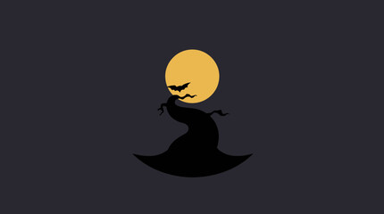 Silhouette of a witch's hat, bats, and moon against a dark background, Halloween theme.