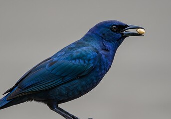 Obraz premium Iridescent Blue Grackle Holding a Nut in its Beak. Generative Ai
