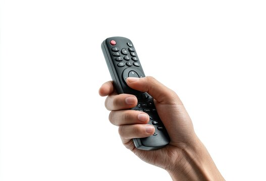 A hand, backlit on white, firmly grasps a dark remote control, ready to change the channel