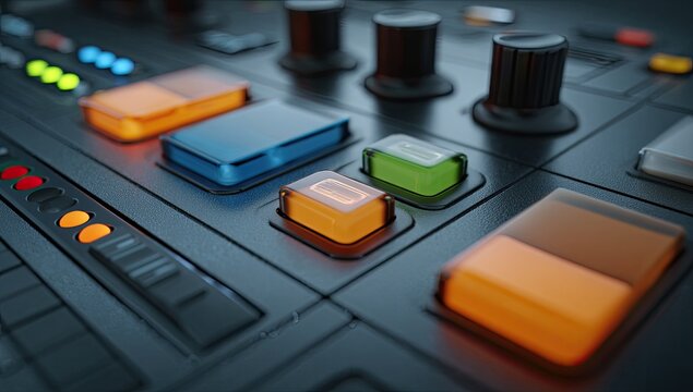 Close-up of a futuristic control panel with colorful illuminated buttons and dials
