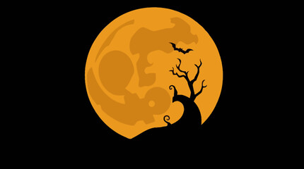 A spooky Halloween scene featuring a full orange moon, bare tree, and flying bat silhouettes.