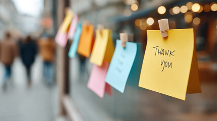 Street window display with colorful thank you notes and copy space for custom messages