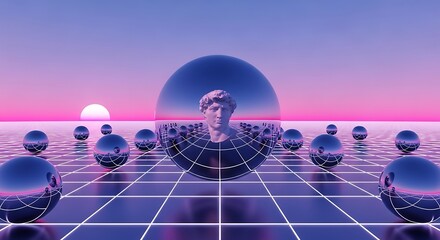 A surreal vaporwave landscape featuring a classical bust inside a large reflective sphere on a glowing grid.